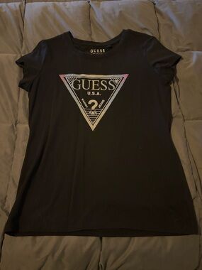 GUESS Black Short Sleeve Tee with Iridescent Triangle Logo